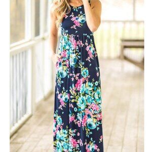 Wanna B Brand Women's Medium Bright Blue Floral Print Maxi Dress Pockets